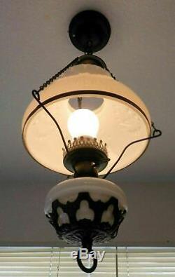 Vintage White Milk Glass Hobnail Hurricane Hanging Ceiling Lamp Light Working