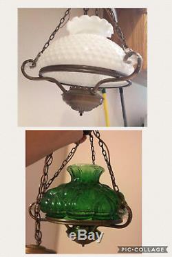 Vintage White Milk Glass Hobnail Hurricane Hanging Lamp Chandelier 2 GLOBES