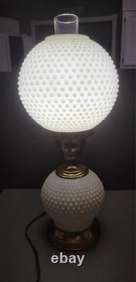Vintage White Milk Glass Hobnail Hurricane Table Lamp W Nightlight Round Shade