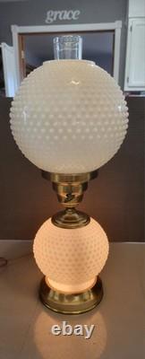 Vintage White Milk Glass Hobnail Hurricane Table Lamp W Nightlight Round Shade