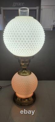 Vintage White Milk Glass Hobnail Hurricane Table Lamp W Nightlight Round Shade
