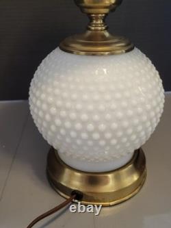 Vintage White Milk Glass Hobnail Hurricane Table Lamp W Nightlight Round Shade