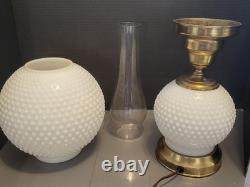 Vintage White Milk Glass Hobnail Hurricane Table Lamp W Nightlight Round Shade