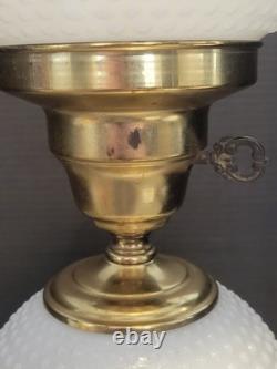 Vintage White Milk Glass Hobnail Hurricane Table Lamp W Nightlight Round Shade