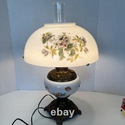 Vintage White Milk Glass Hurricane Table Lamp GWTW Parlor Lamp Floral Tested