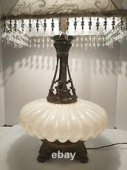 Vintage White/Milk Glass Iridescent Table Lamp withtin Accents Hollywood regency