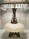 Vintage White/milk Glass Iridescent Table Lamp Withtin Accents Hollywood Regency