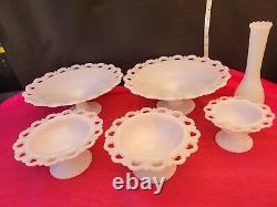 Vintage White Milk Glass Lace Edge Pedestal Footed Candy Bowl Lot Of 5 And Vase