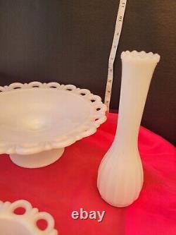 Vintage White Milk Glass Lace Edge Pedestal Footed Candy Bowl Lot Of 5 And Vase