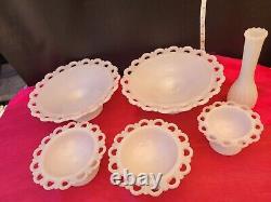 Vintage White Milk Glass Lace Edge Pedestal Footed Candy Bowl Lot Of 5 And Vase