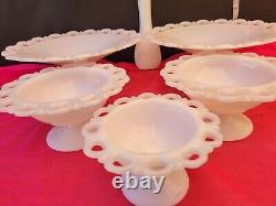 Vintage White Milk Glass Lace Edge Pedestal Footed Candy Bowl Lot Of 5 And Vase