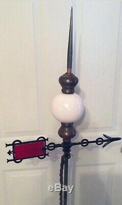 Vintage White Milk Glass Lightening Rod With Red Glass Directional Arrow