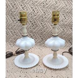 Vintage White Milk Glass Melon Boudoir Lamps Swirl Base Mid Century Pair 9.5in