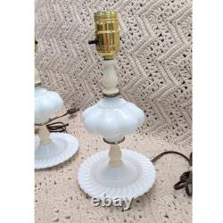 Vintage White Milk Glass Melon Boudoir Lamps Swirl Base Mid Century Pair 9.5in