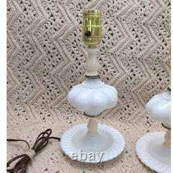 Vintage White Milk Glass Melon Boudoir Lamps Swirl Base Mid Century Pair 9.5in