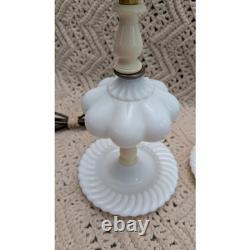Vintage White Milk Glass Melon Boudoir Lamps Swirl Base Mid Century Pair 9.5in