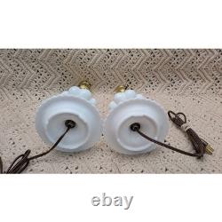 Vintage White Milk Glass Melon Boudoir Lamps Swirl Base Mid Century Pair 9.5in