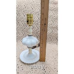 Vintage White Milk Glass Melon Boudoir Lamps Swirl Base Mid Century Pair 9.5in