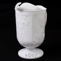 Vintage White Milk Glass Paneled Footed Pitcher Grape Vine Pattern 10.5 Tall