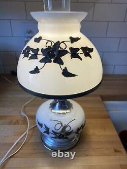 Vintage White Milk Glass Raised Brass Flower Hurricane Table Lamp 3 Way Switch