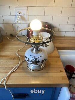 Vintage White Milk Glass Raised Brass Flower Hurricane Table Lamp 3 Way Switch