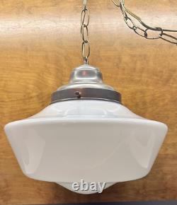 Vintage White Milk Glass Schoolhouse Globe Hanging Swag Lamp 14 Diameter