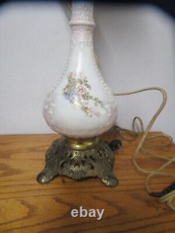 Vintage White Milk Glass Table Lamp Floral Design Footed Brass Base 32