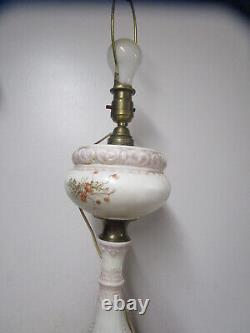 Vintage White Milk Glass Table Lamp Floral Design Footed Brass Base 32