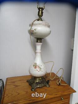 Vintage White Milk Glass Table Lamp Floral Design Footed Brass Base 32