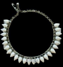 Vintage White Milk Glass Teardrop Shape And Rhinestones Collar Silver Necklace