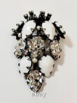 Vintage XL Rare Schreiner Brooch White Milk Glass Clear Rhinestone Japanned