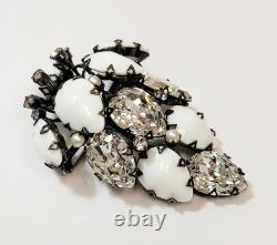 Vintage XL Rare Schreiner Brooch White Milk Glass Clear Rhinestone Japanned