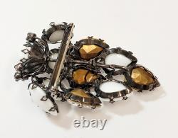 Vintage XL Rare Schreiner Brooch White Milk Glass Clear Rhinestone Japanned