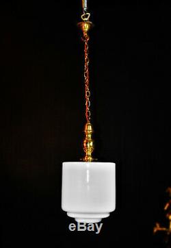 Vintage art deco C-1930s schoolhouse Brass & Opaline milk glass pendant light