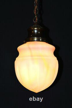 Vintage art deco C-1940s schoolhouse Bronze & Opaline milk glass pendant light