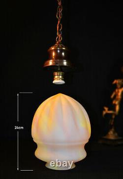 Vintage art deco C-1940s schoolhouse Bronze & Opaline milk glass pendant light