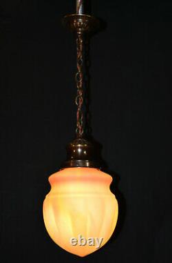 Vintage art deco C-1940s schoolhouse Bronze & Opaline milk glass pendant light