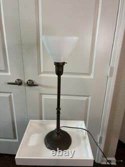Vintage brass torchiere lamp /white milk glass shade and scalloped base 28 Tall