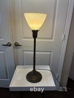 Vintage brass torchiere lamp /white milk glass shade and scalloped base 28 Tall