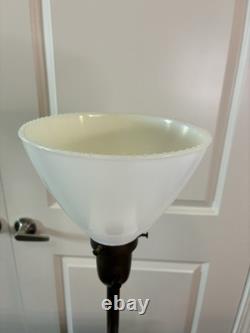 Vintage brass torchiere lamp /white milk glass shade and scalloped base 28 Tall