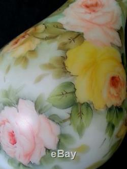Vintage hand painted roses large milk glass vase 13.5 inches, artist signed