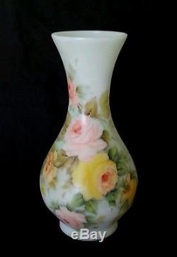 Vintage hand painted roses large milk glass vase 13.5 inches, artist signed