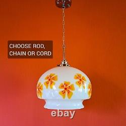 Vintage mid century orange flower white opaline milk glass kitchen pendant light