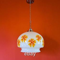 Vintage mid century orange flower white opaline milk glass kitchen pendant light