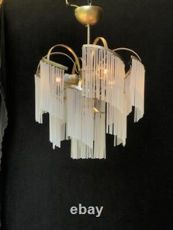 Vintage milk glass chandelier, middle size, art deco 3 lamps, retro style