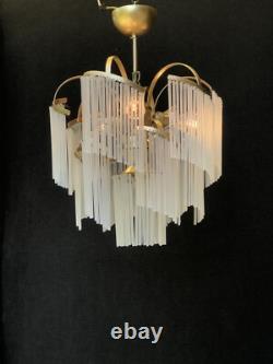 Vintage milk glass chandelier, middle size, art deco 3 lamps, retro style