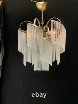 Vintage milk glass chandelier, middle size, art deco 3 lamps, retro style