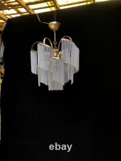 Vintage milk glass chandelier, middle size, art deco 3 lamps, retro style