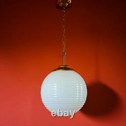 Vintage opaline milk glass and brass round globe pendant ceiling light Bohemia