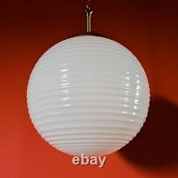 Vintage opaline milk glass and brass round globe pendant ceiling light Bohemia